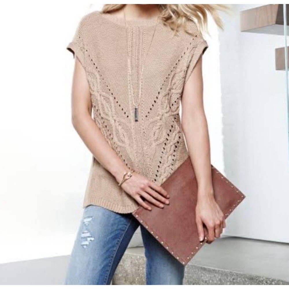 White House Black Market Cable Knit Sweater Tunic Fall Sleeveless Camel Medium